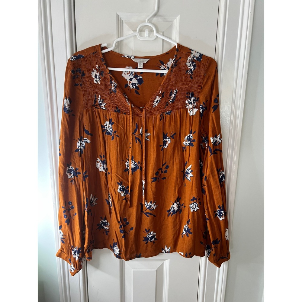 Lucky Brand Burnt Orange Floral Smocked Peasant Blouse Long Sleeve Top Large